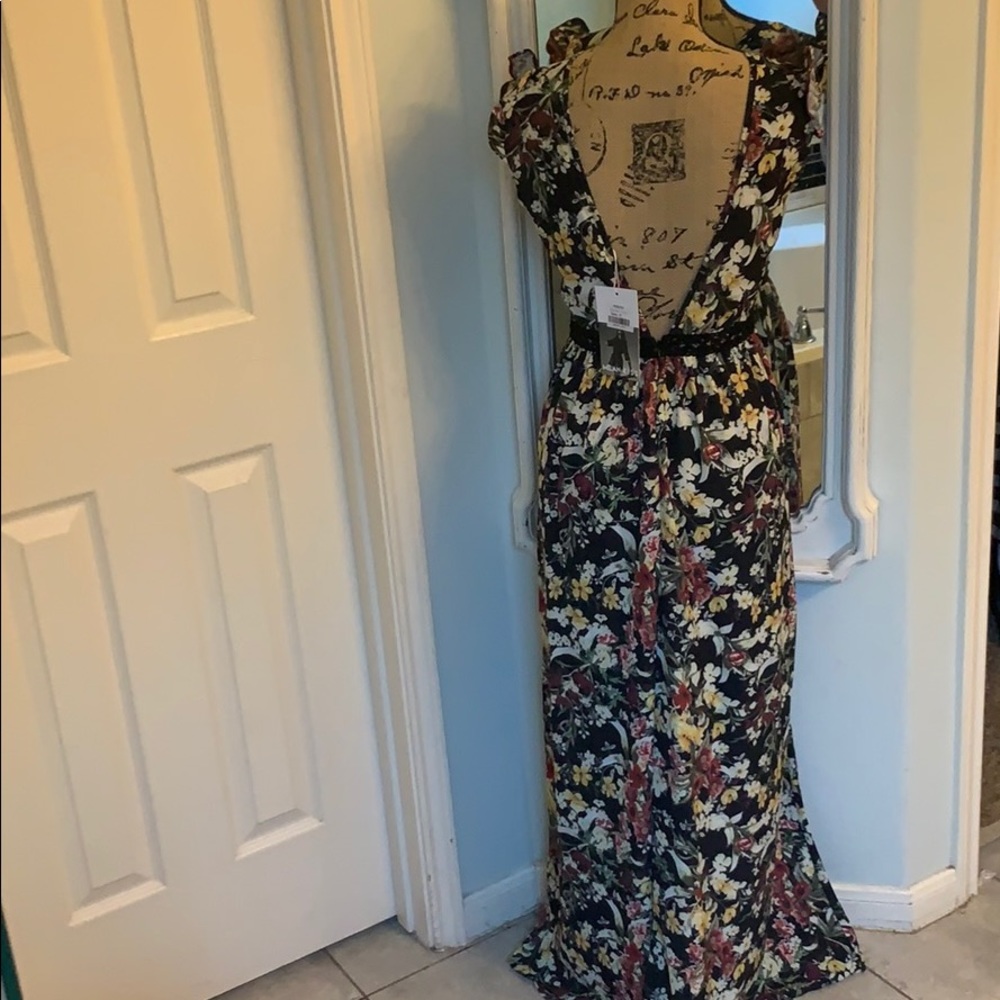 Backless Fall Floral Maxi With Flutter Detail